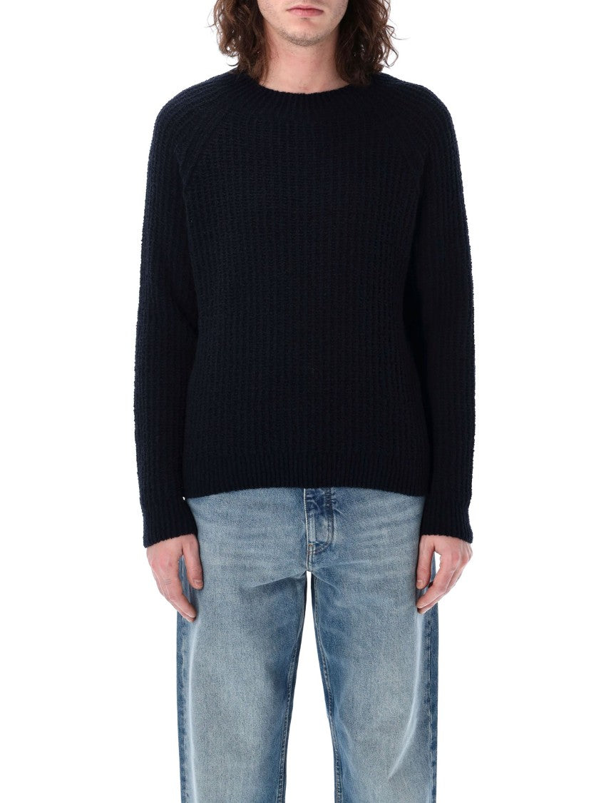 Sunflower Textured Knit Navy Sweater With Crew Neck And Dropped Shoulders