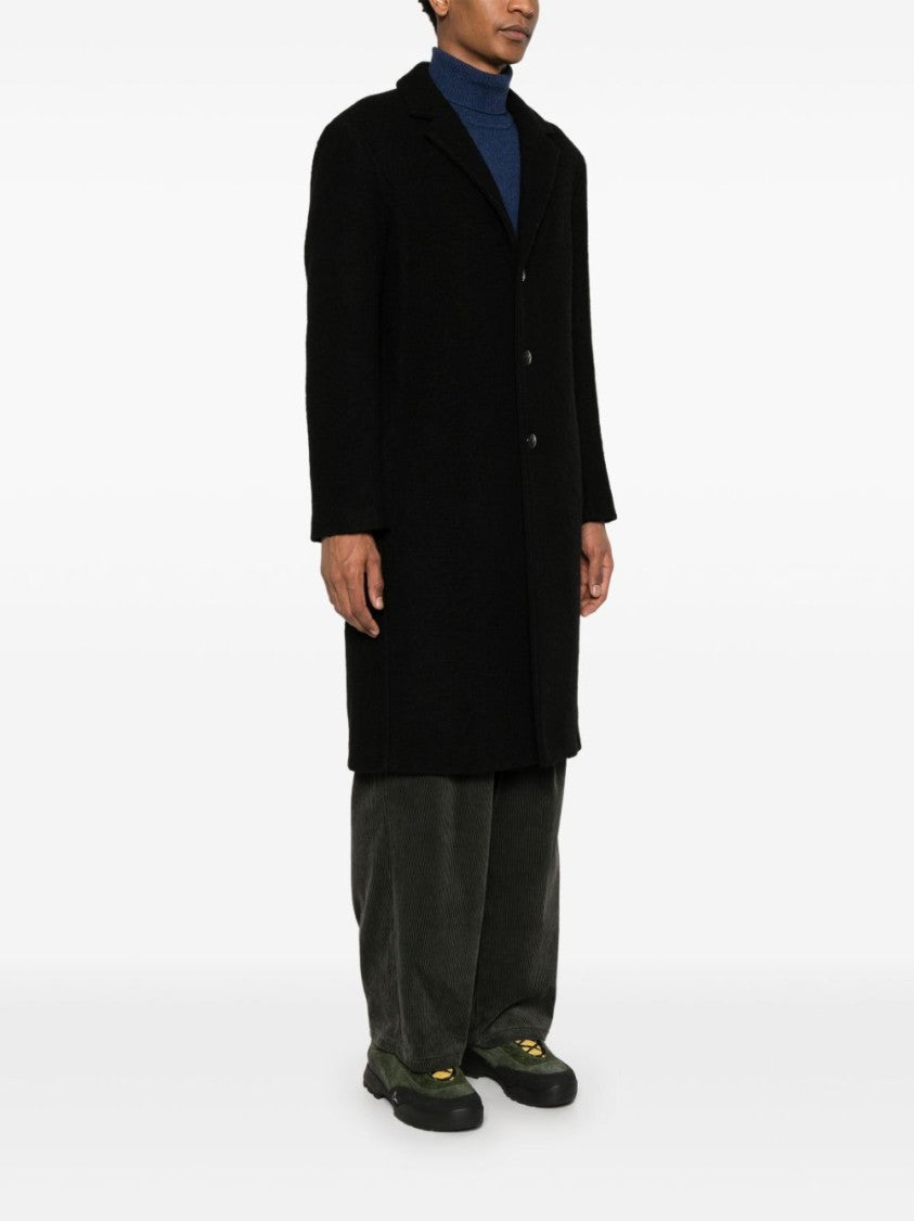 Amish Long Black Tailored Coat With Notched Lapel And Button Closure