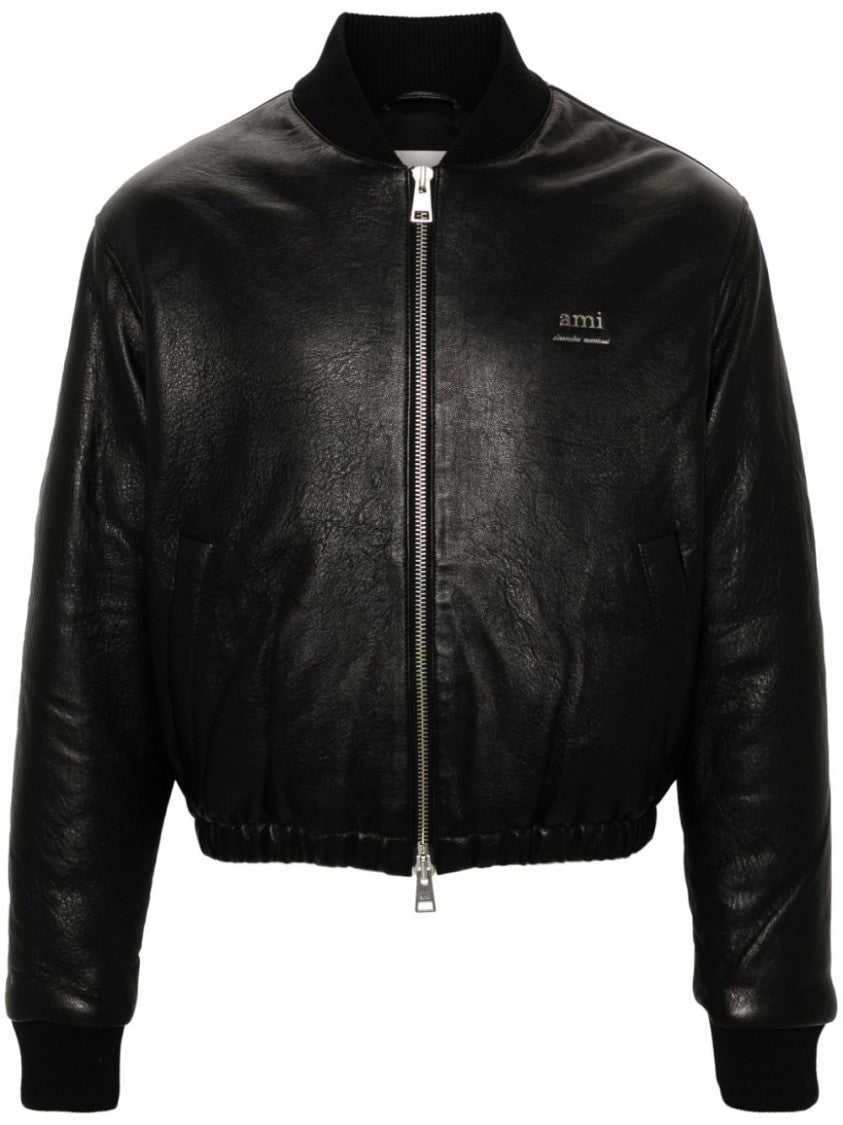 Ami Paris Collarless Black Calf Leather Jacket