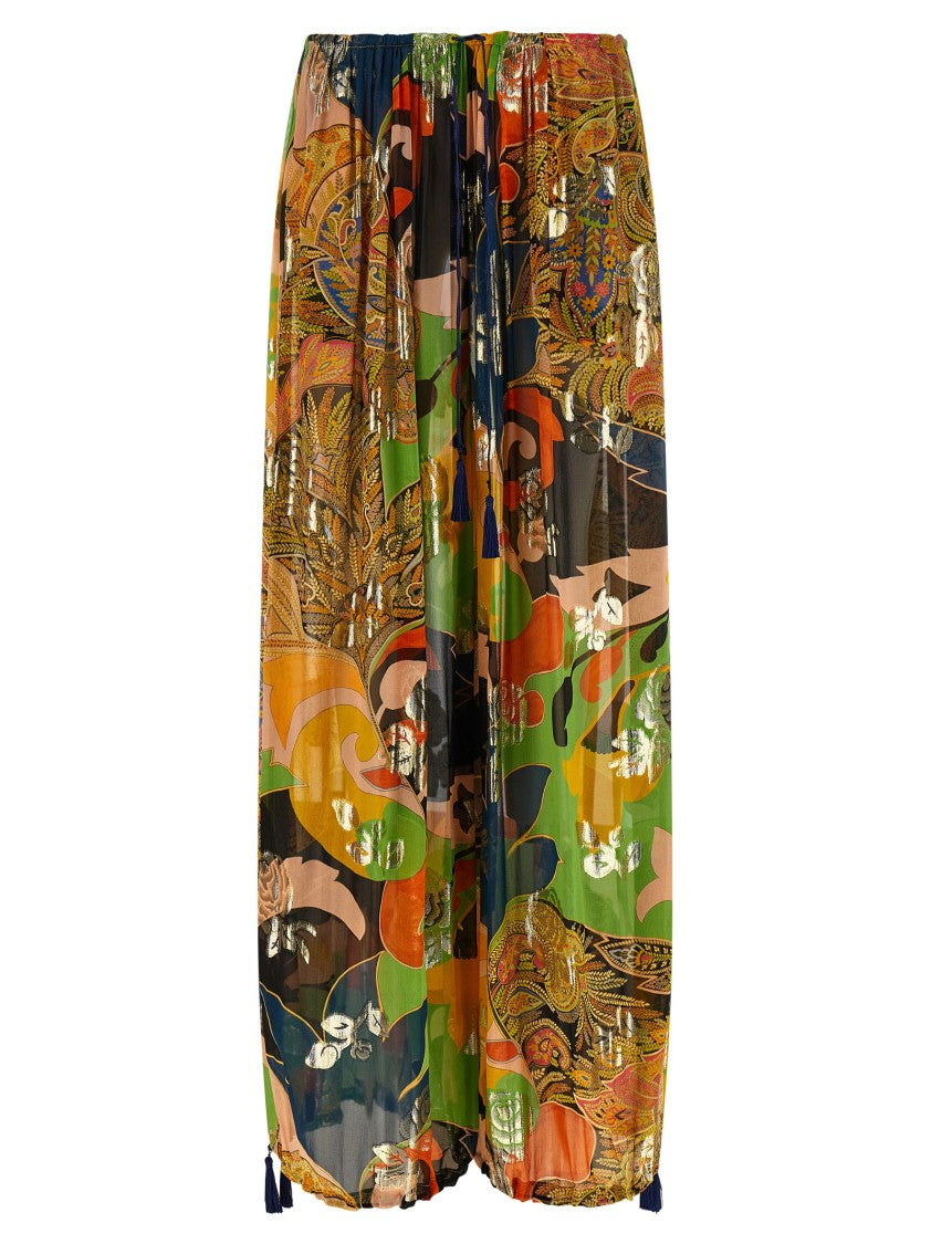 Etro Paisley Print Silk Trousers With Adjustable Drawstrings And Tassels