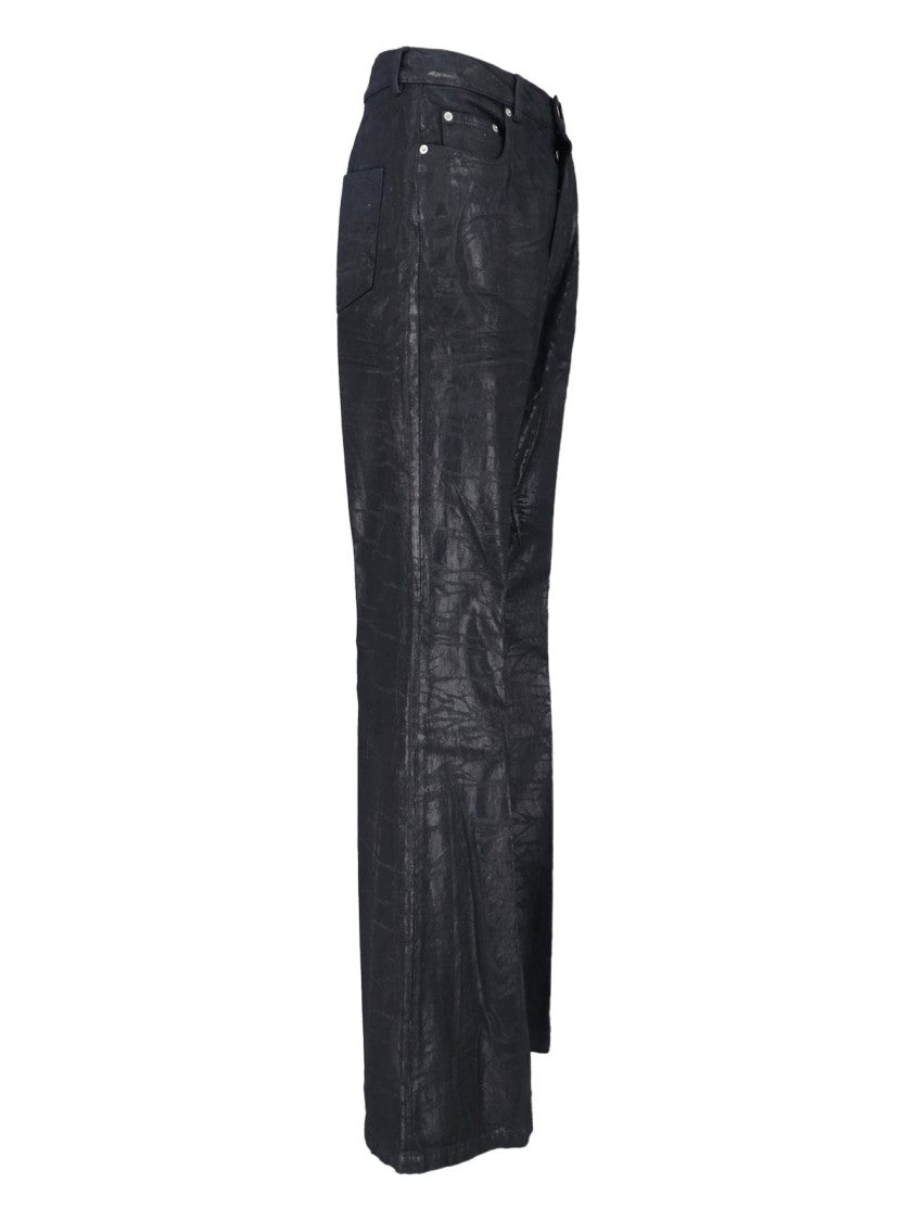 Rick Owens Bootcut Jeans With Metallic Finish And Flared Silhouette