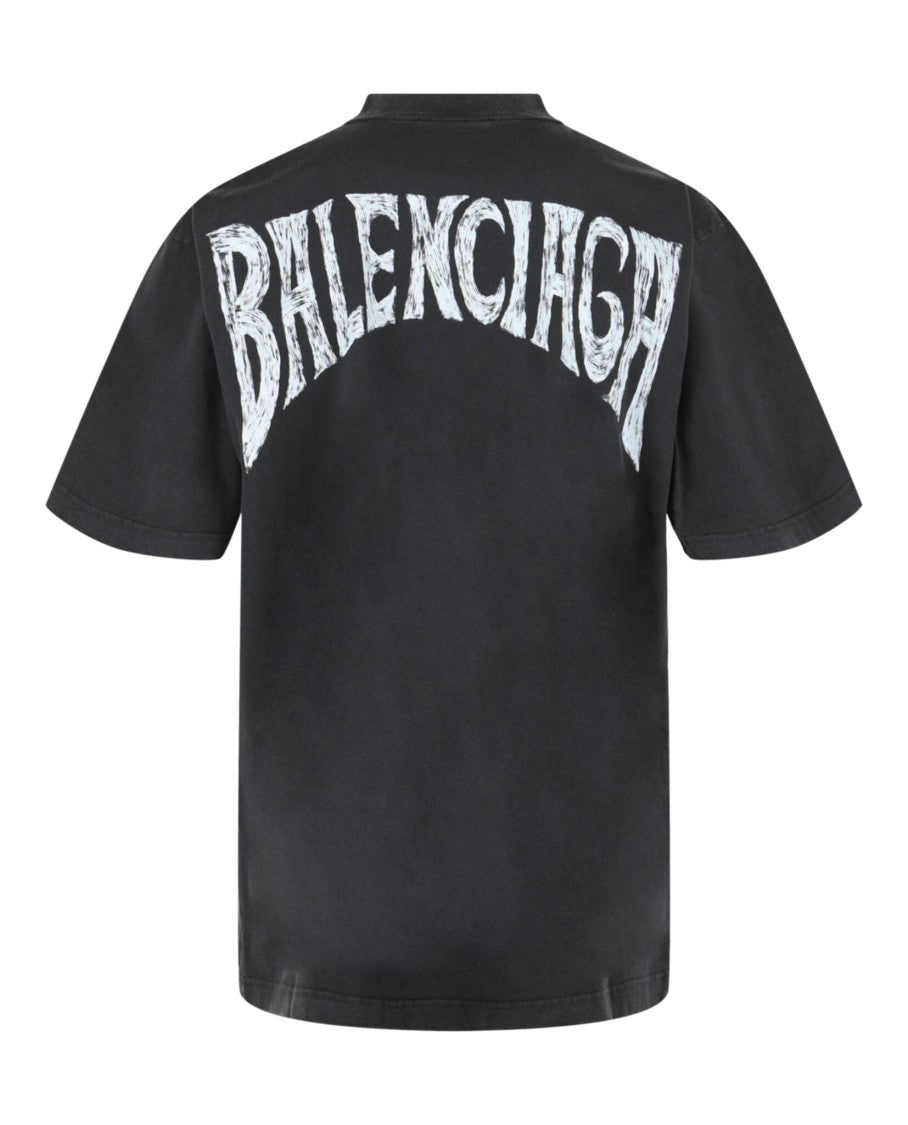 Balenciaga Graffiti-Print Mock Neck T-Shirt With Distressed Accents