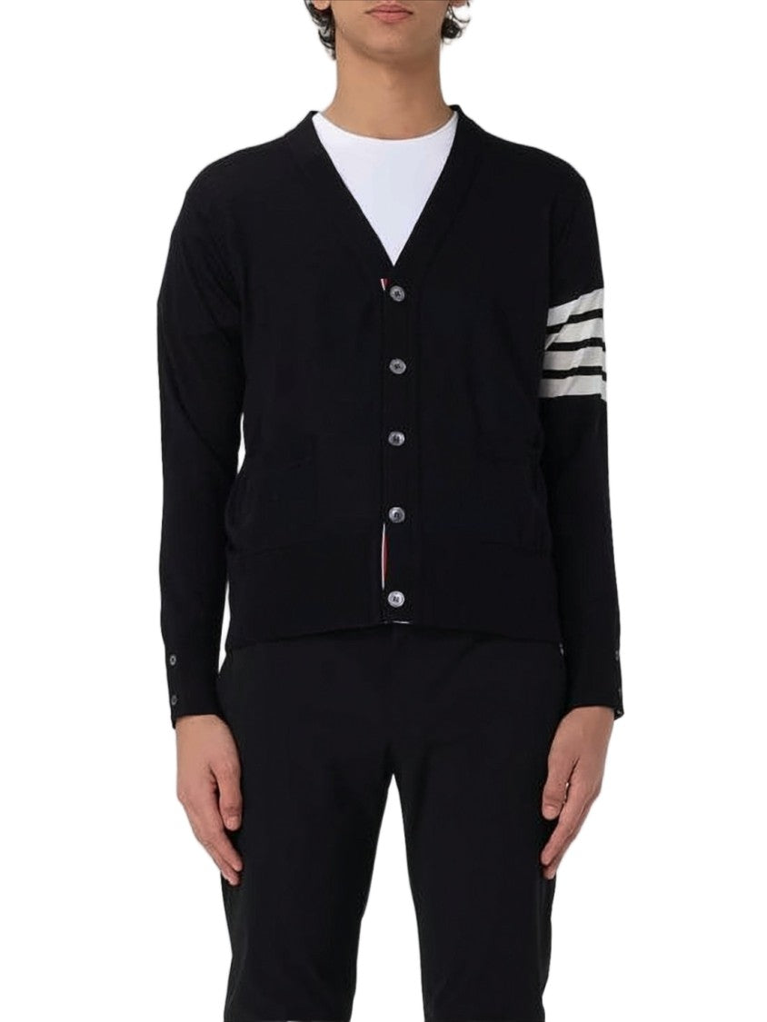Thom Browne Black Wool Cardigan With Diagonal Stripe Armband And Tailored Fit