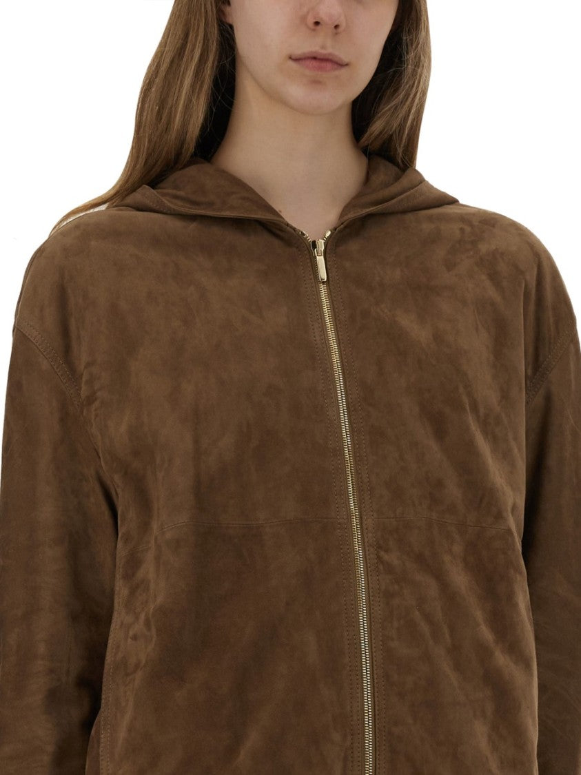 Max Mara Lamb Leather Jacket With Attached Hood And Front Zipper