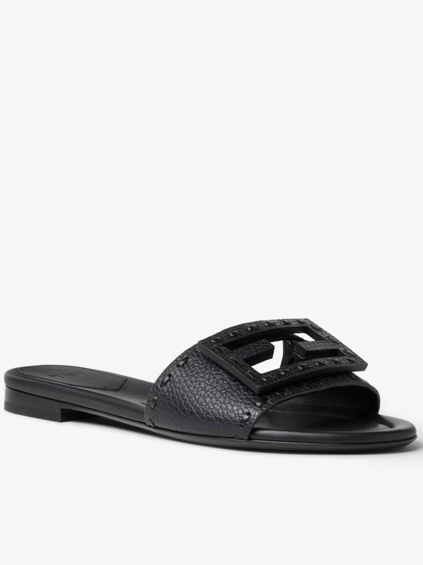 Fendi Textured Black Slide Sandal With Geometric Cut-Outs