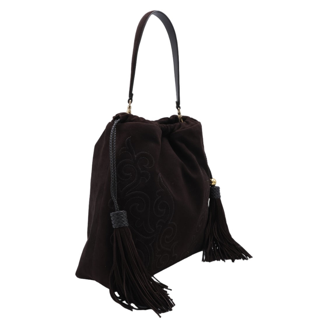 Etro Dark Brown Suede Shoulder Bag With Intricate Embroidery