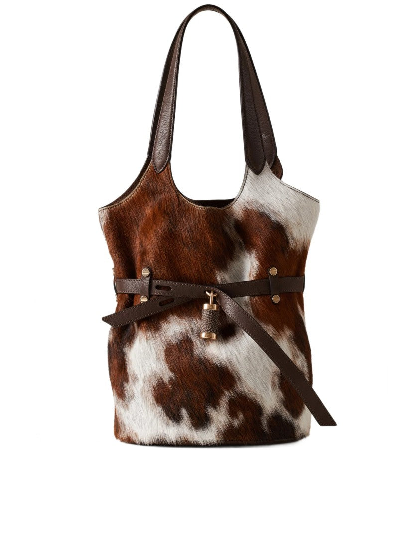 Borbonese Bucket Handbag With Textured Cowhide Pattern And Gold-Tone Accents
