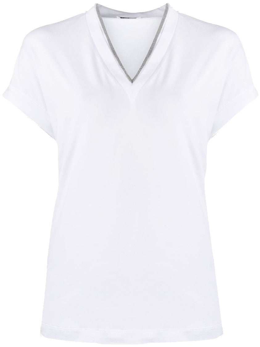 Brunello Cucinelli White Monili Chain V-Neck Cotton T-Shirt