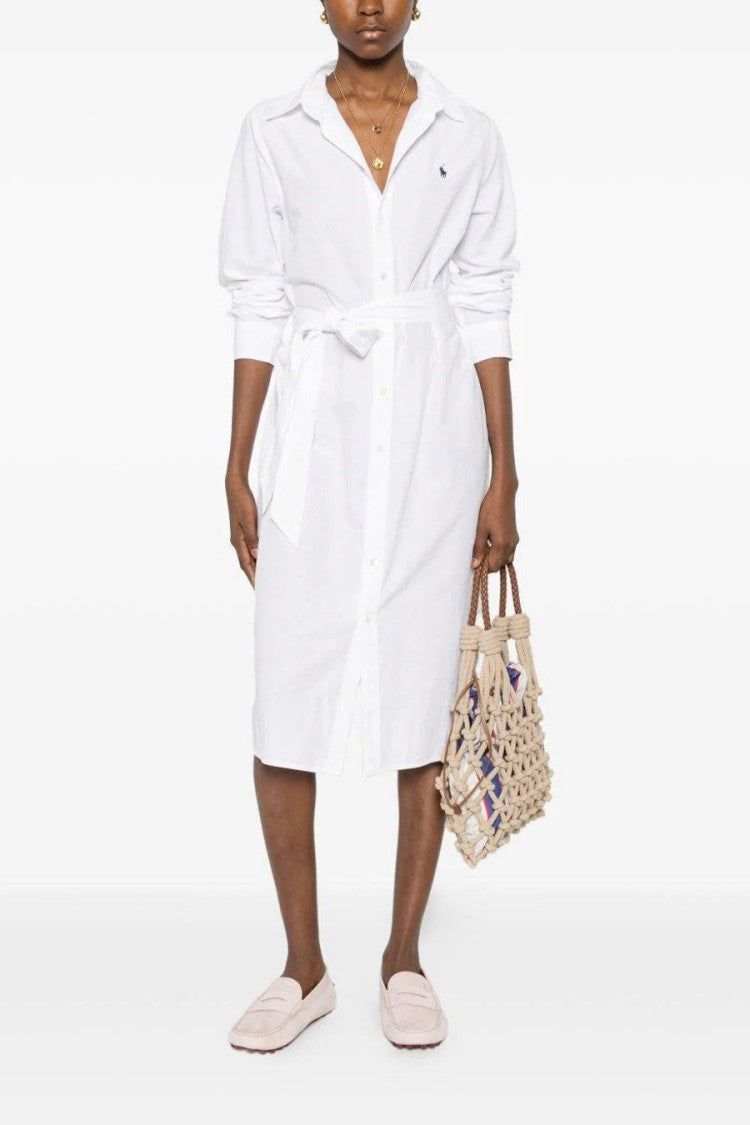 Polo Ralph Lauren White Point Collar Pony Logo Belted Cotton-Linen Shirt