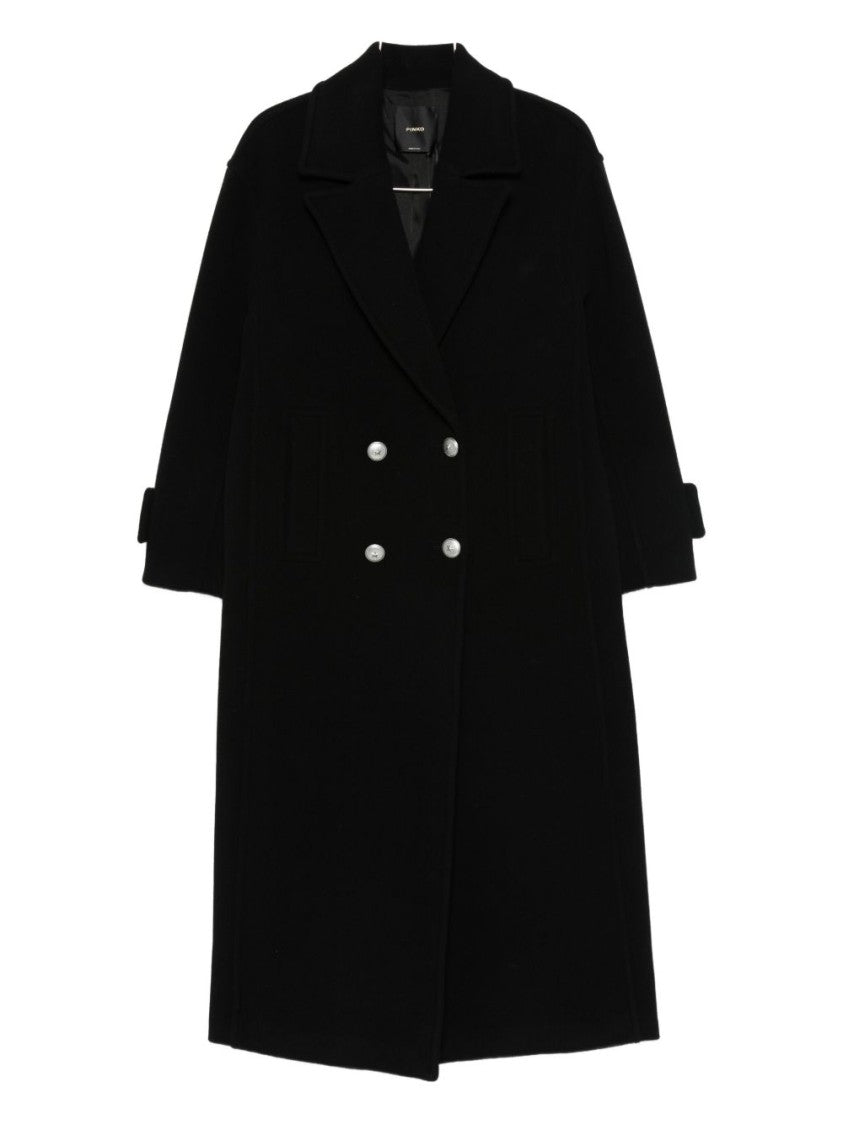 Pinko Double-Breasted Black Wool Coat With Classic Lapel