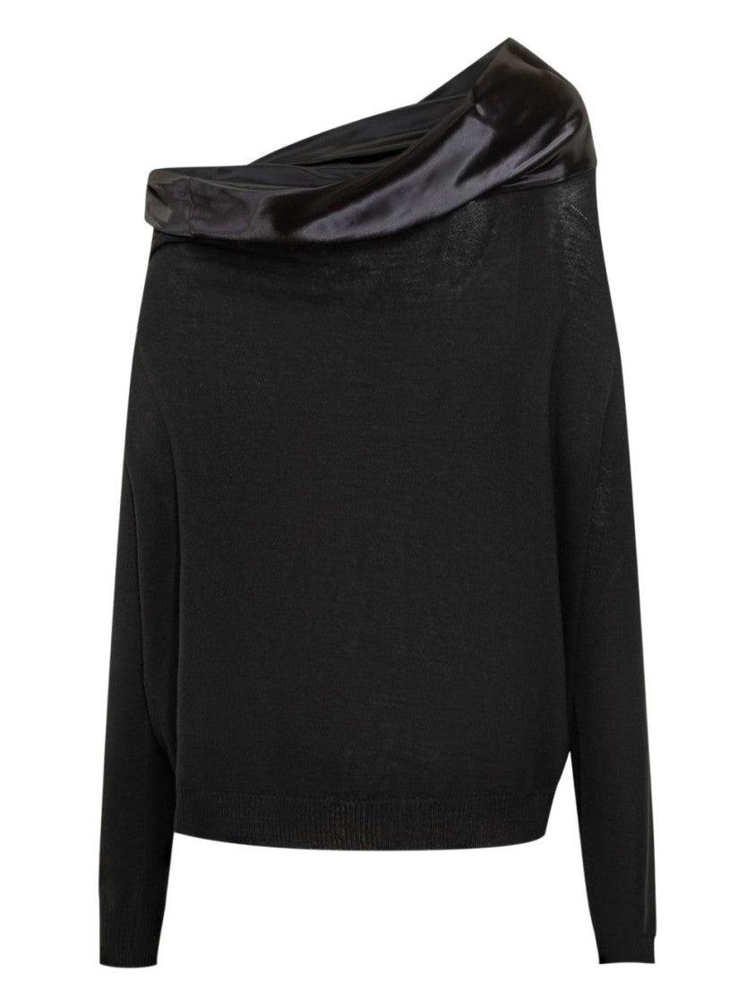 Alberta Ferretti Draped Satin Neckline Black Virgin Wool Sweater