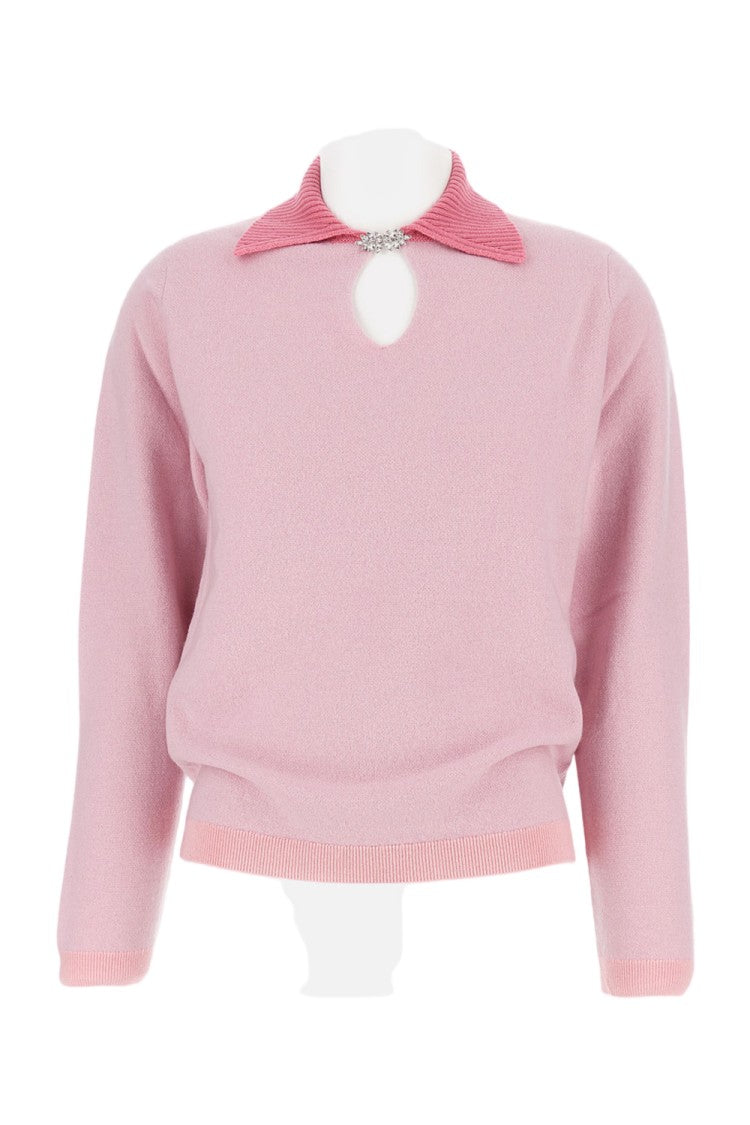 Barrie Rhinestone-Brooch Knitted Top With High-Neck Keyhole Detail