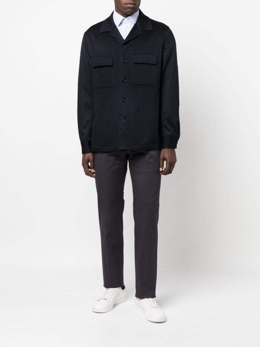 Zegna Navy Blue Cashmere Overshirt With Classic Collar And Flap Pockets