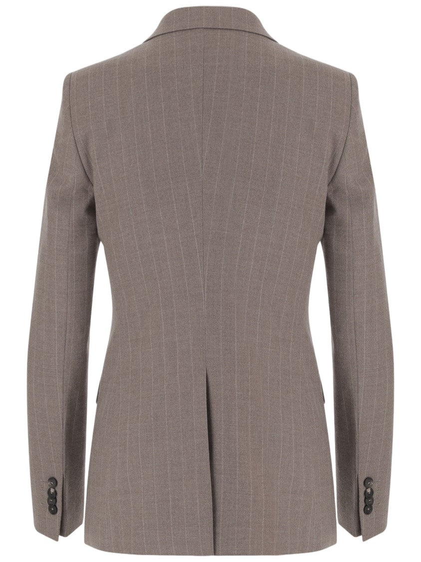 Tagliatore Beige Stretch Wool Pinstripe Double-Breasted Blazer