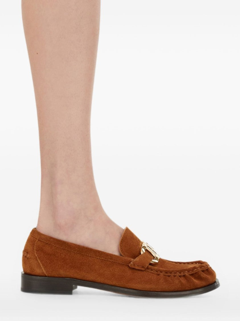 Ferragamo Moccasin-Style Gold-Accent Suede Flats