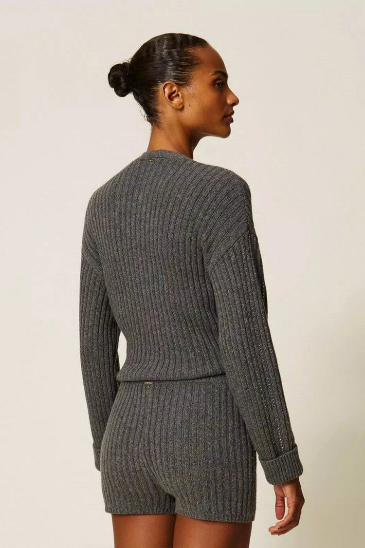 Twin-Set Grey Ribbed Viscose-Blend Shorts