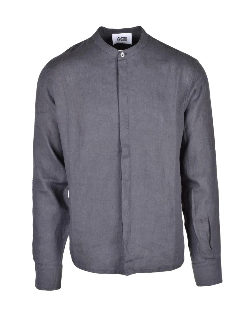Alpha Studio Grey Linen Mandarin Collar Shirt