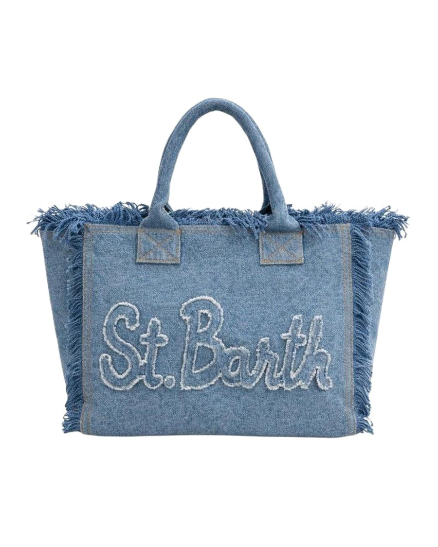 Mc2 Saint Barth Medium Denim Tote Bag With Fringed Edges