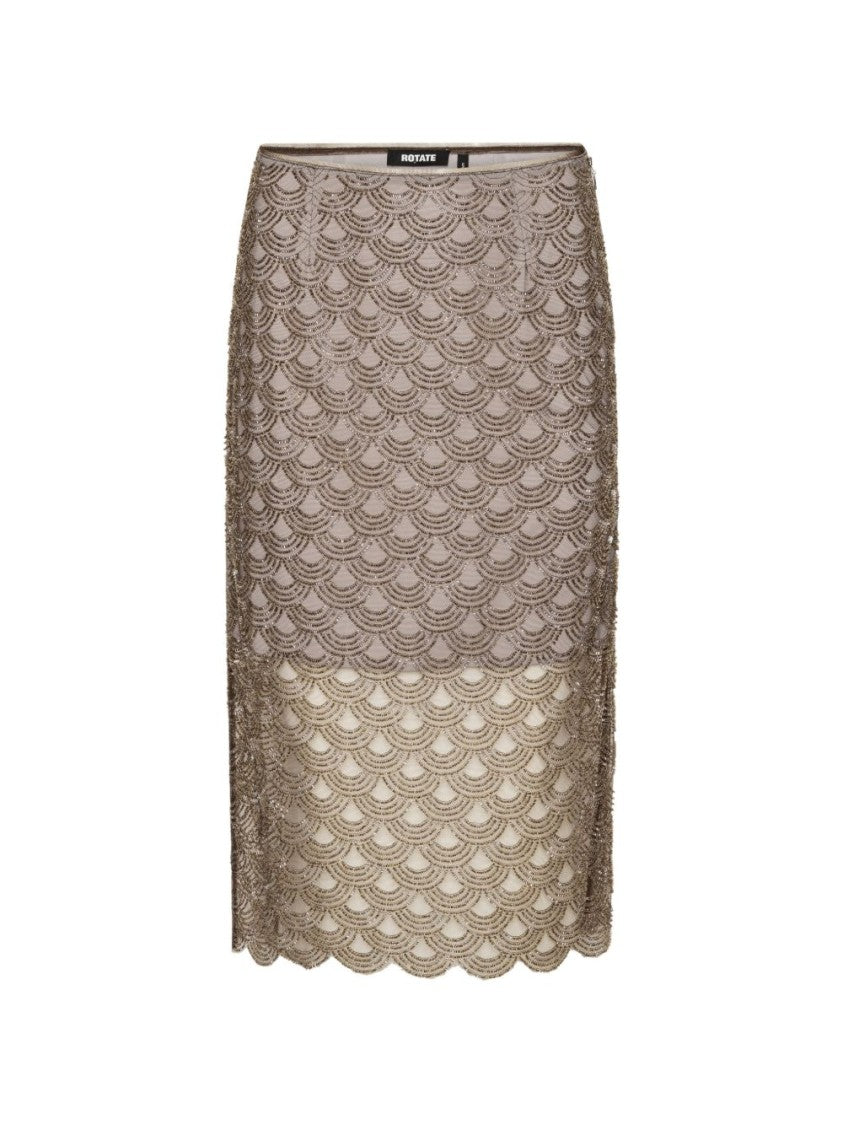 Rotate Taupe Sequined Midi Skirt With Scallop Trim