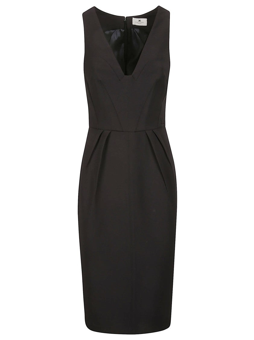 Elisabetta Franchi Fitted Black Structured Pleated Midi Dress