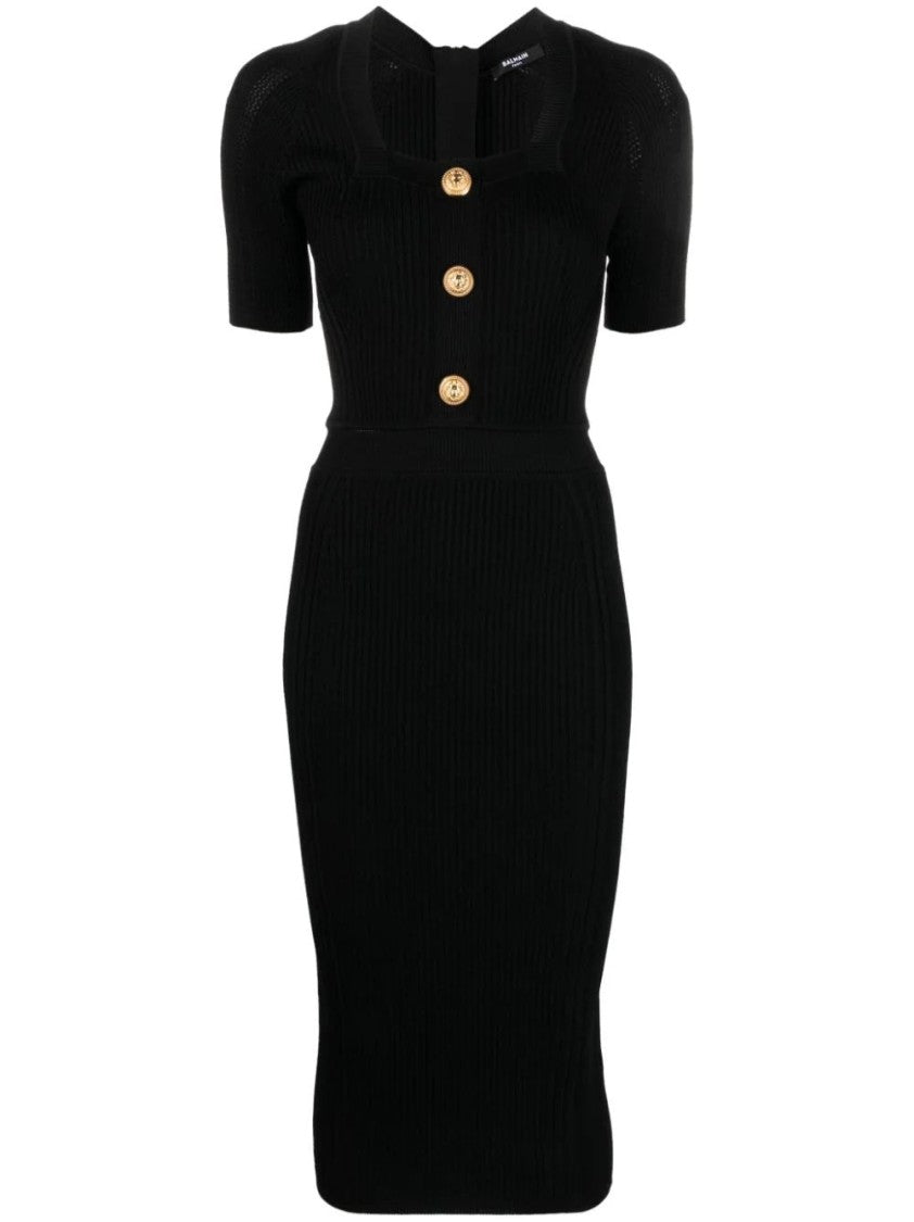 Balmain Square Neck Ribbed Knit Midi Dress