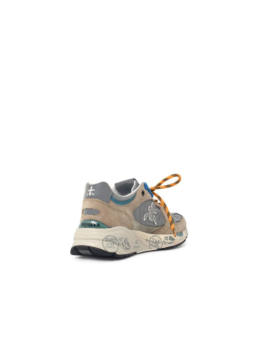 Premiata Grey And Beige Leather Blend Sneakers With Logo Accents