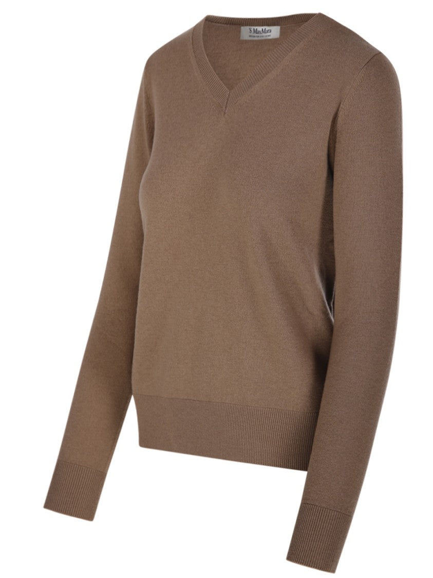 Max Mara V-Neck Brown Wool Sweater With Ribbed Detailing