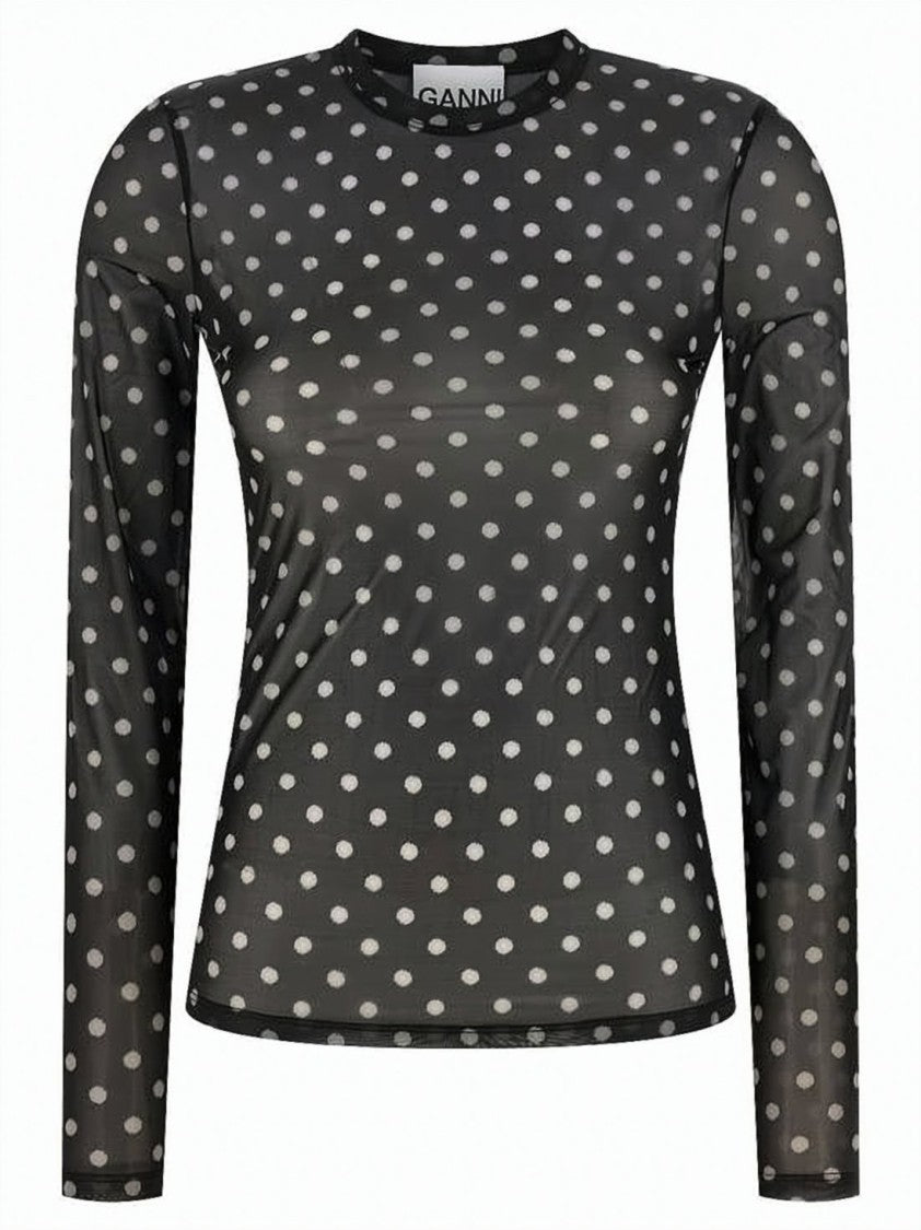 Ganni Sheer Long-Sleeve Top With All-Over Polka Dot Pattern
