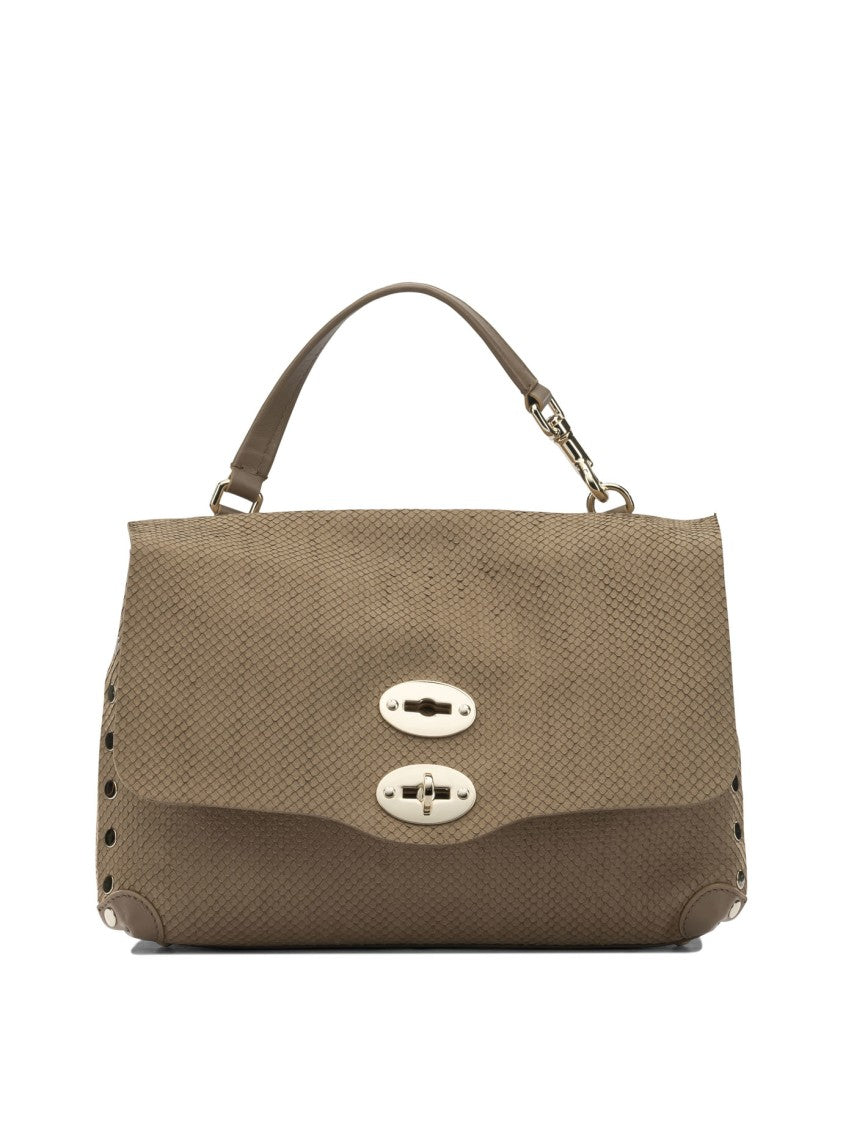 Zanellato Beige Suede Shoulder Bag With Structured Flap And Metallic Accents