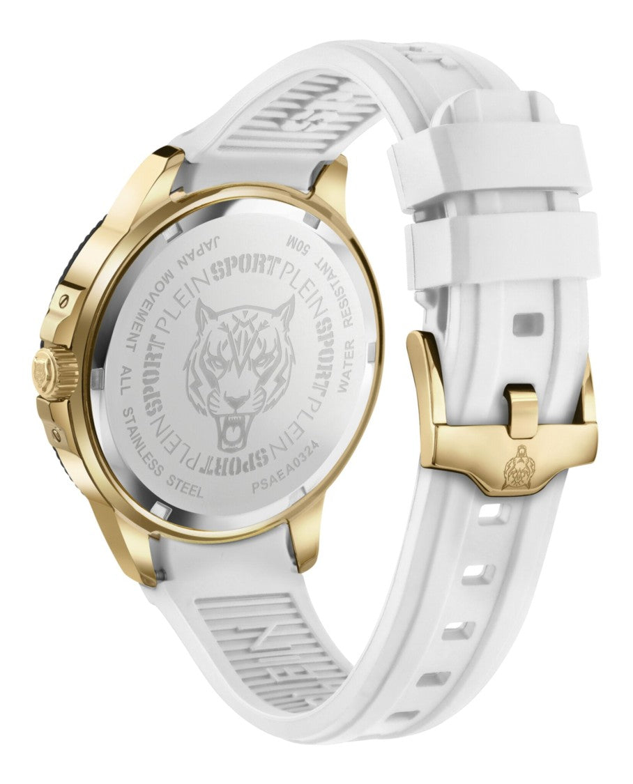 Plein Sport 45Mm Yellow Gold Case Silicone Watch With Silver Enamel Dial