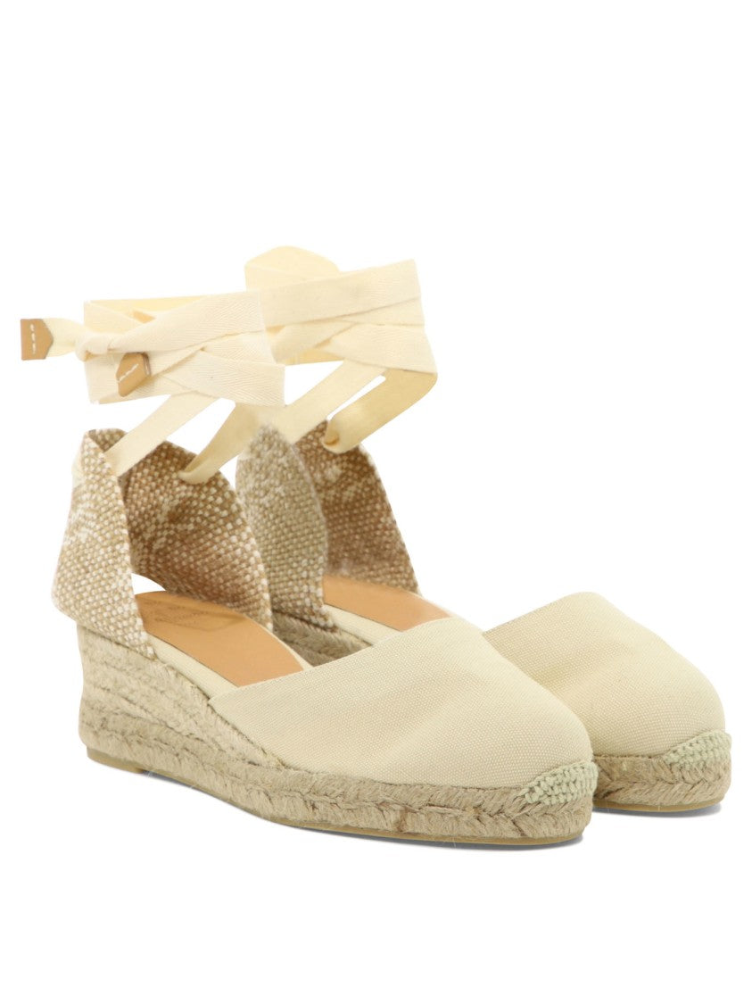 Castaner Beige Cotton Espadrilles With Woven Heel And Ankle Wrap Ribbons