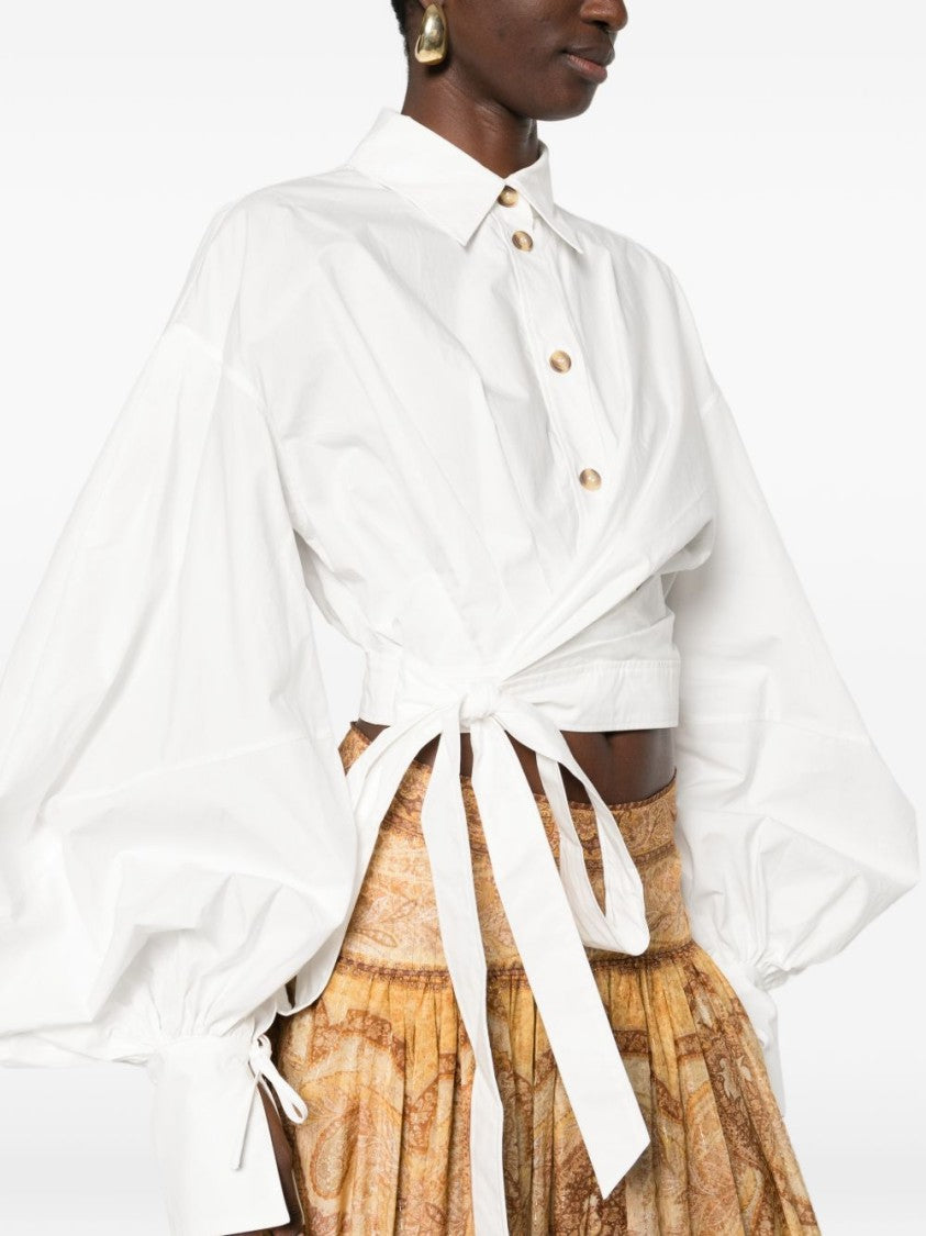 Zimmermann Ivory Cropped Button-Down Shirt With Wrap-Around Tie