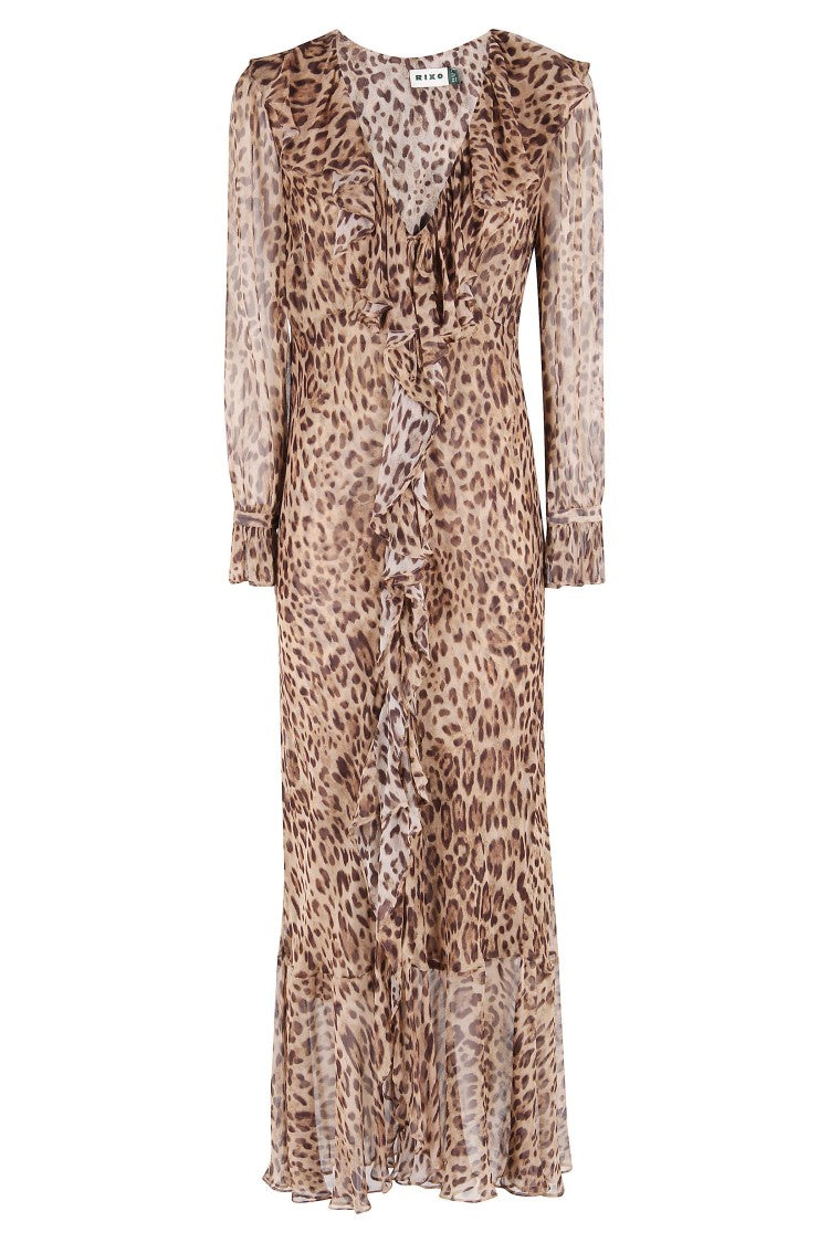 Rixo Leopard Print Midi Dress With Ruffled Details