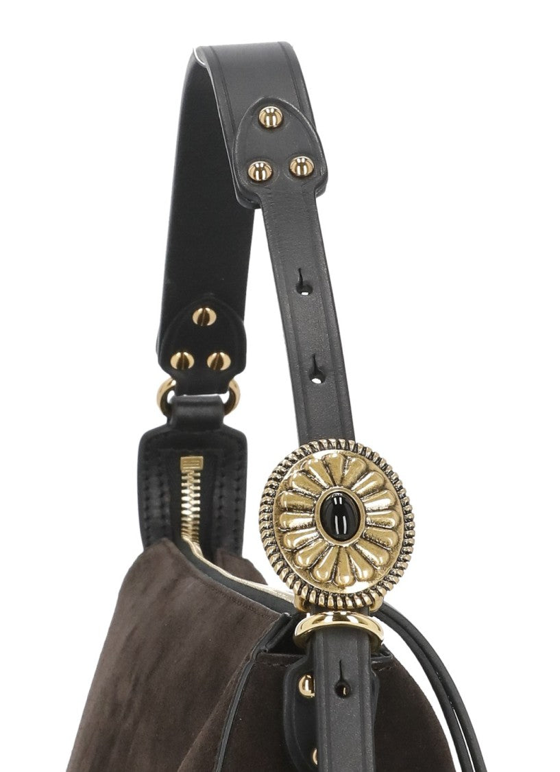 Etro Suede Shoulder Bag With Gold Accents And Adjustable Handle