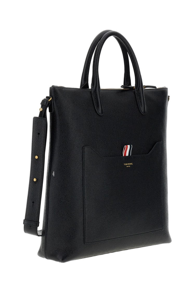 Thom Browne Black Zip Pebble Grain Leather Tote Bag