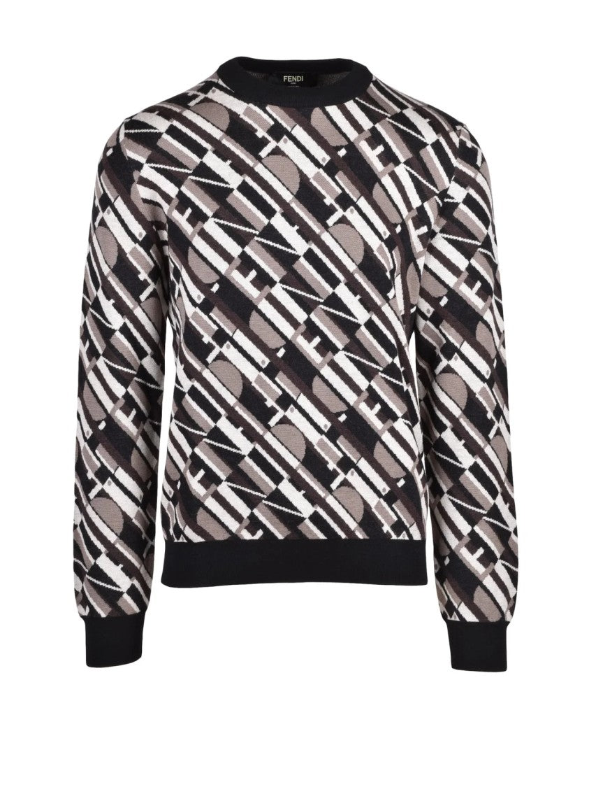 Fendi Brown/Black Geometric Pattern Wool-Blend Crewneck Sweater