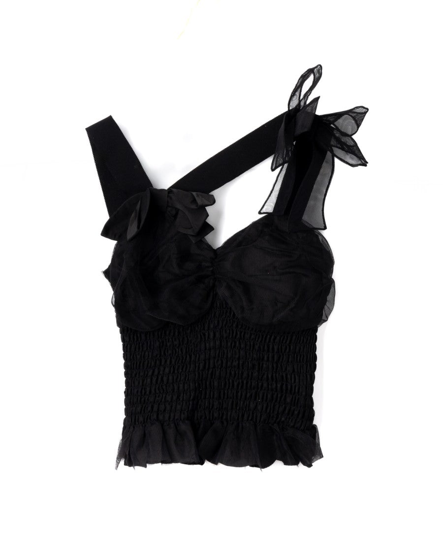 Viktor & Rolf Fitted Smocked Black Top With Ruffled Hem