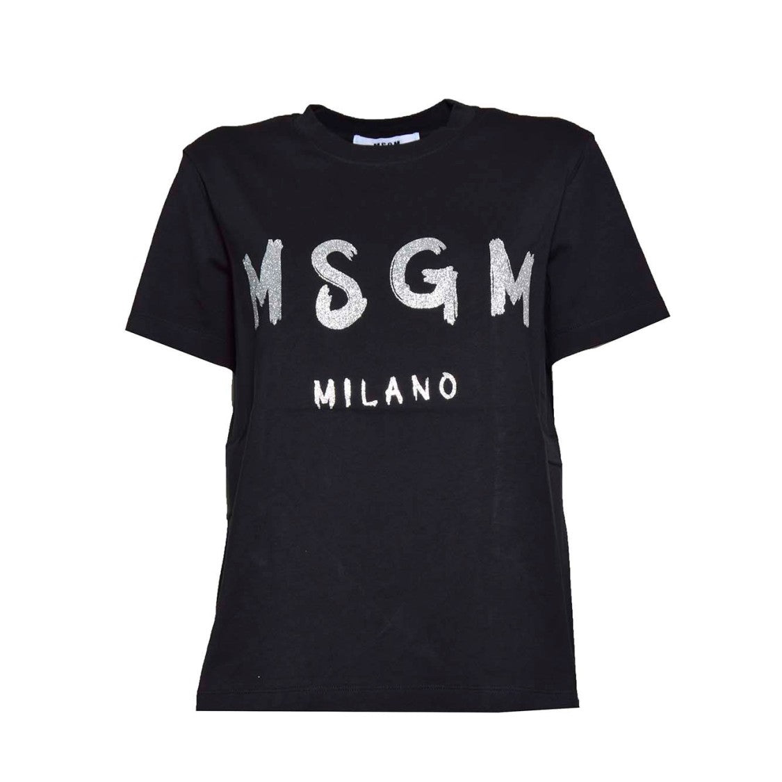 Msgm Black Cotton T-Shirt With Glitter Brush Logo Print