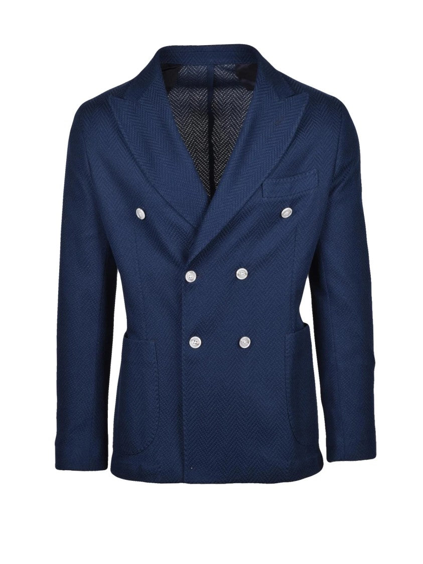 Barba Napoli Blue Double-Breasted Herringbone Cotton Blazer