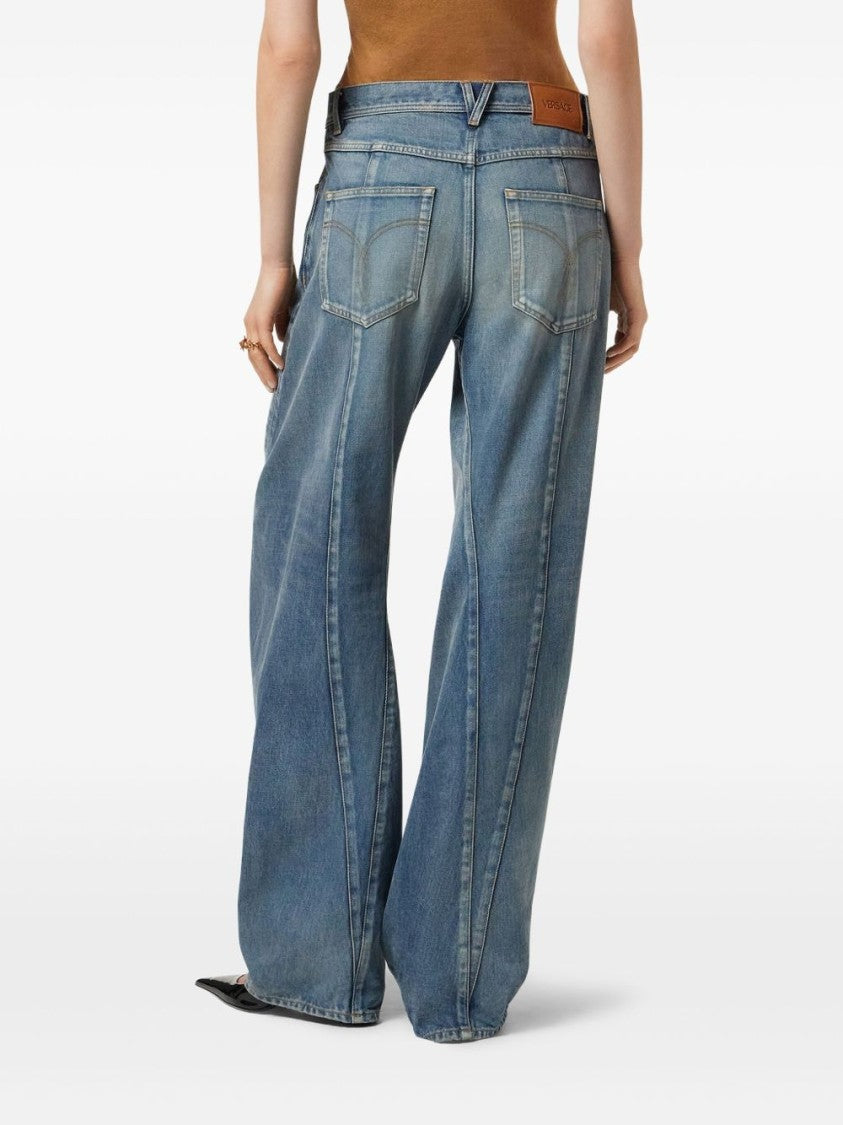 Versace Blue Five Pocket Logo Patch Jeans