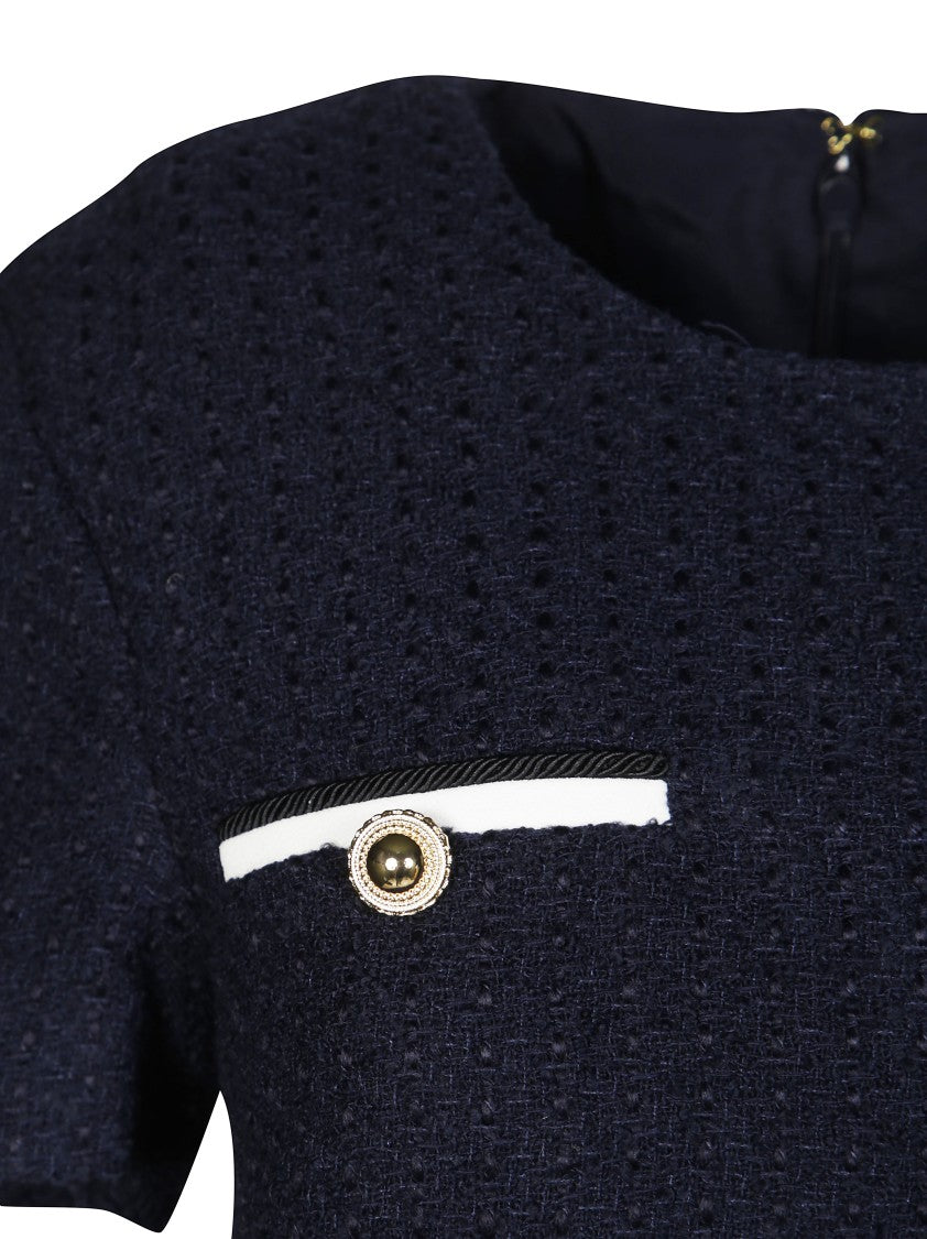 Self-Portrait Textured Boucle Mini Dress With Belted Waist And Gold-Tone Accents