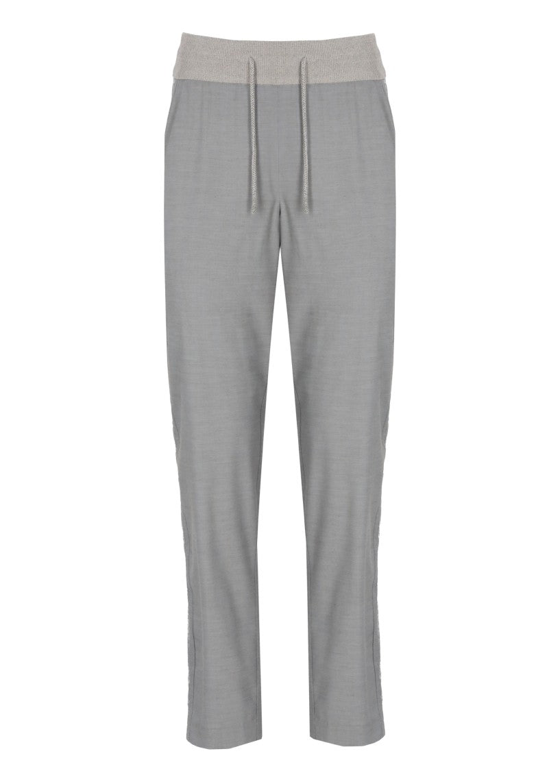 Panicale Grey Wool-Blend Embellished Straight-Leg Pants