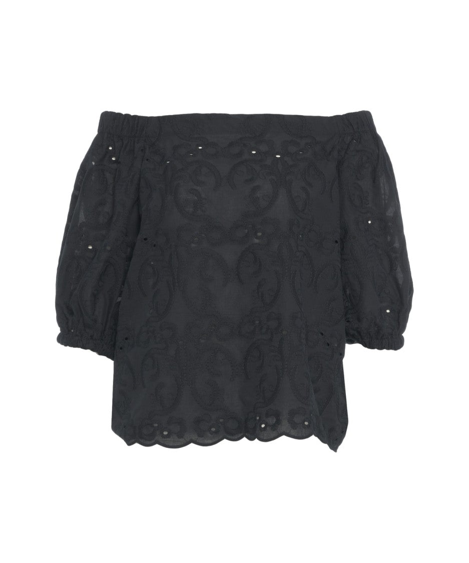 Himons Black Blouse With Embroideries And Boat Neckline