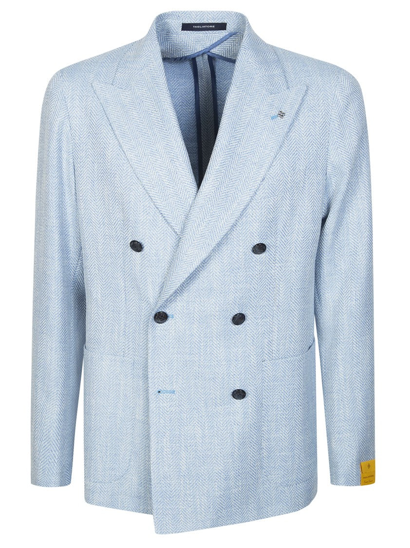Tagliatore Light Blue Herringbone Wool-Blend Blazer