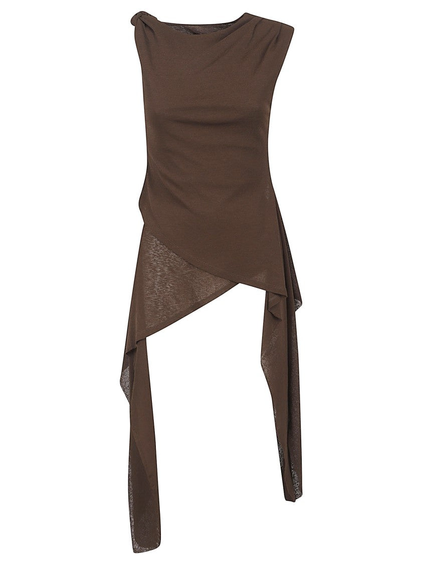 Ganni Asymmetrical Draped Brown Top With Knot Detail