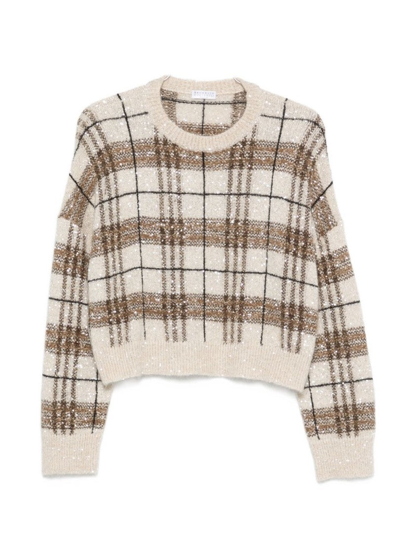 Brunello Cucinelli Multicolor Textured Knit Cropped Plaid Sweater