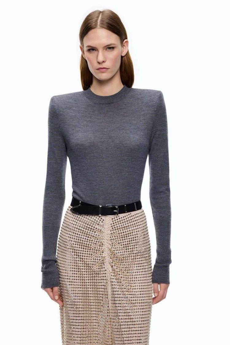 Pinko Grey Wool Ribbed-Cuff Mock-Neck Sweater