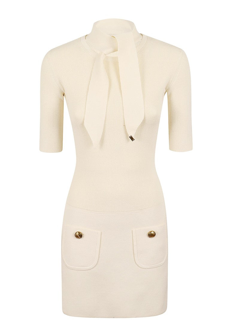 Elisabetta Franchi Fitted Tie-Neck Decorative Button Knit Dress