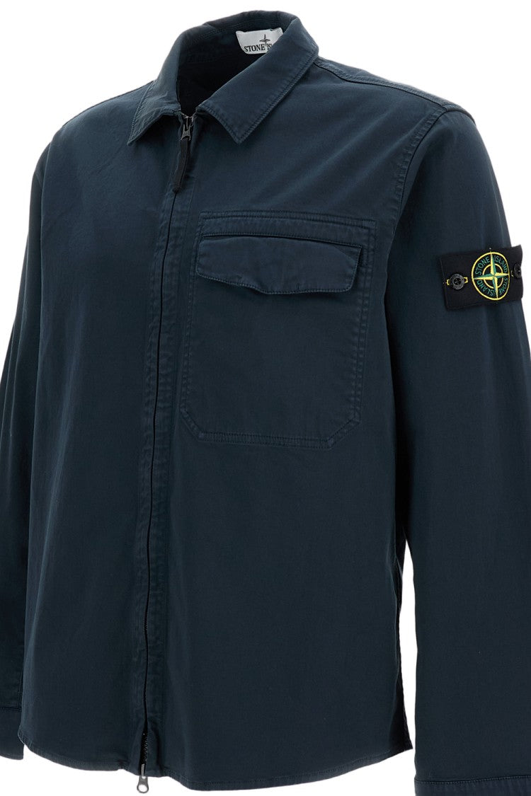 Stone Island Blue Cotton Overshirt With Front Zip