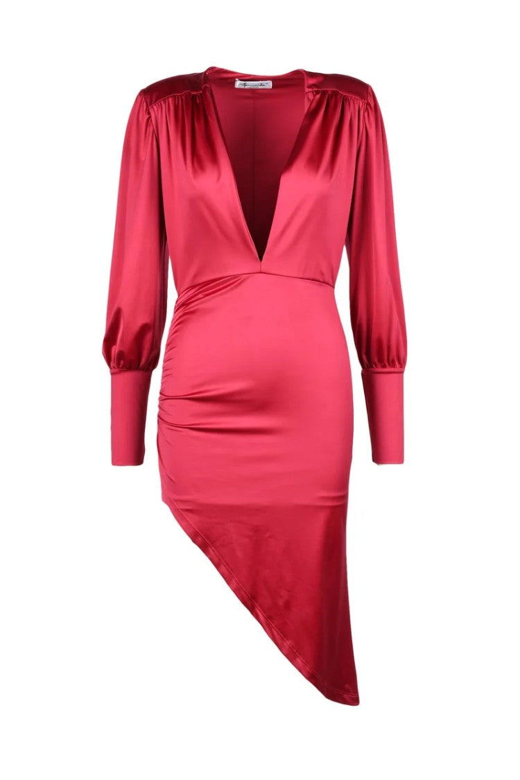 Feminista Fuchsia Asymmetrical Polyester V-Neck Mini Dress